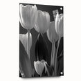 Acrylic glass wall art featuring a vibrant botanical tulip design, showcasing detailed floral patterns and colors, elegantly displayed with pins. Ideal for home decor.