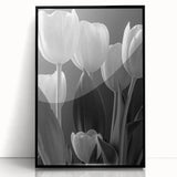 Framed wall art featuring a botanical tulip design in vibrant colors, displayed in a sleek black frame, perfect for adding elegance to home decor.