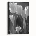 Framed botanical tulip wall art in a sleek black frame, showcasing vibrant flower designs on a canvas, perfect for home decor or art collections.