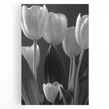 Vibrant botanical tulip wall art design on stretched canvas, showcasing intricate floral details and rich colors, perfect for home decor and nature lovers.