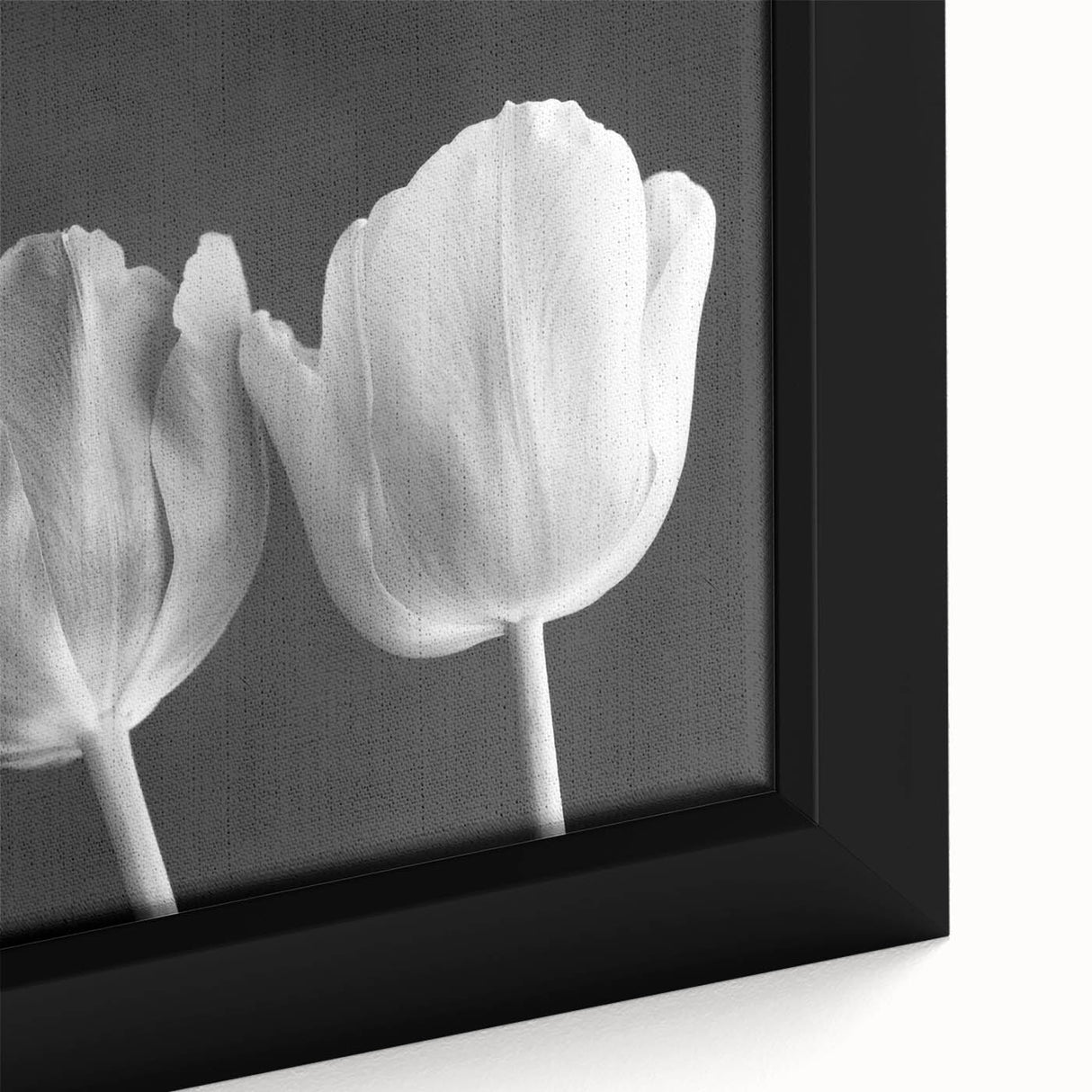 Close-up of a framed botanical wall art piece featuring vibrant pink and yellow tulips on a textured canvas, perfect for enhancing home decor with a floral theme.