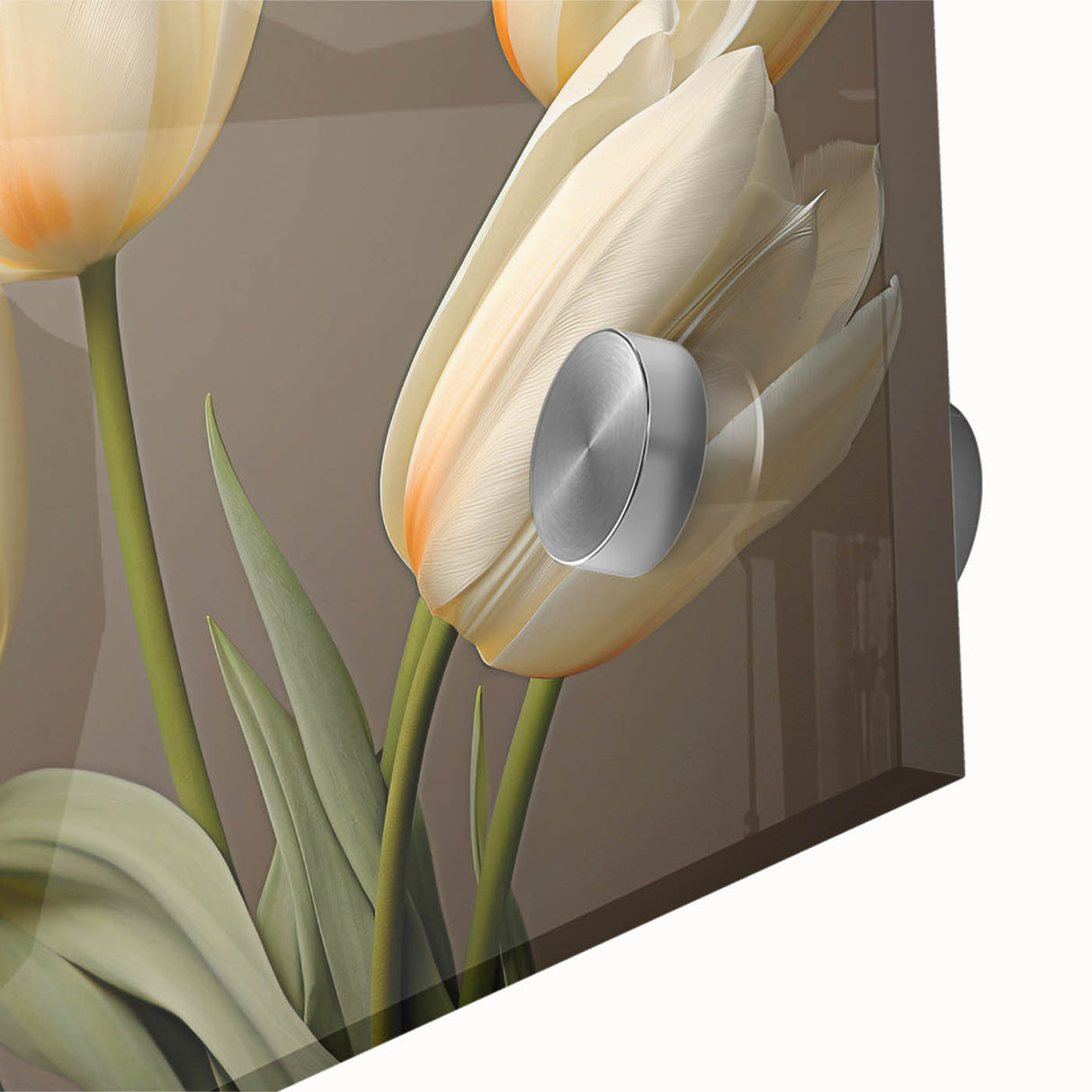 Close-up of a vibrant botanical wall art piece featuring a detailed tulip design, printed on acrylic glass, showcasing vivid colors and intricate textures. This art piece adds an elegant floral touch to any decor.