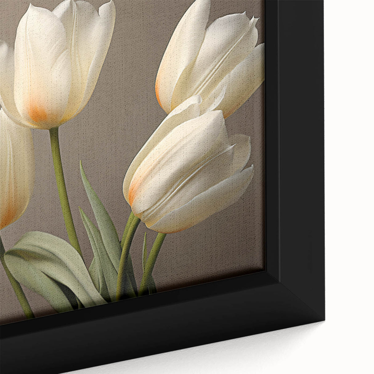 Close-up of a vibrant botanical tulip design printed on framed canvas wall art, showcasing intricate details and rich colors, perfect for home decor.