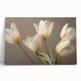 Stretched canvas wall art showcasing a vibrant botanical design of tulips in hues of pink and yellow, elegantly leaning against a soft neutral background, perfect for home decor.