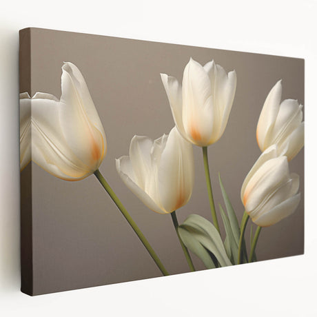 Canvas wall art showcasing a vibrant botanical tulip design, featuring rich colors and intricate details, displayed in a side view with a stretched frame for an elegant touch.