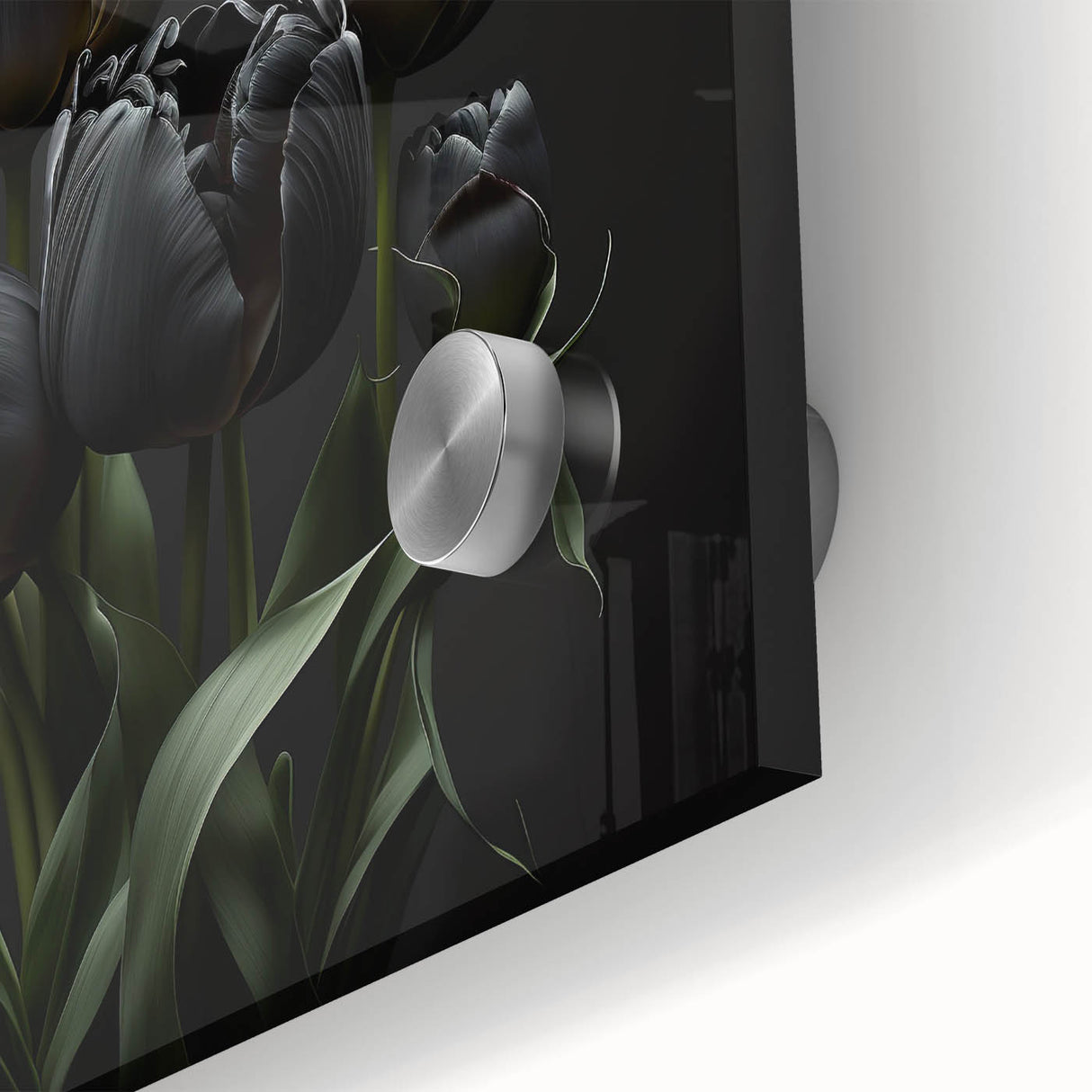 Close-up of vibrant tulip wall art design featuring intricate botanical details on acrylic glass, showcasing vivid colors and textures for a modern decor aesthetic.