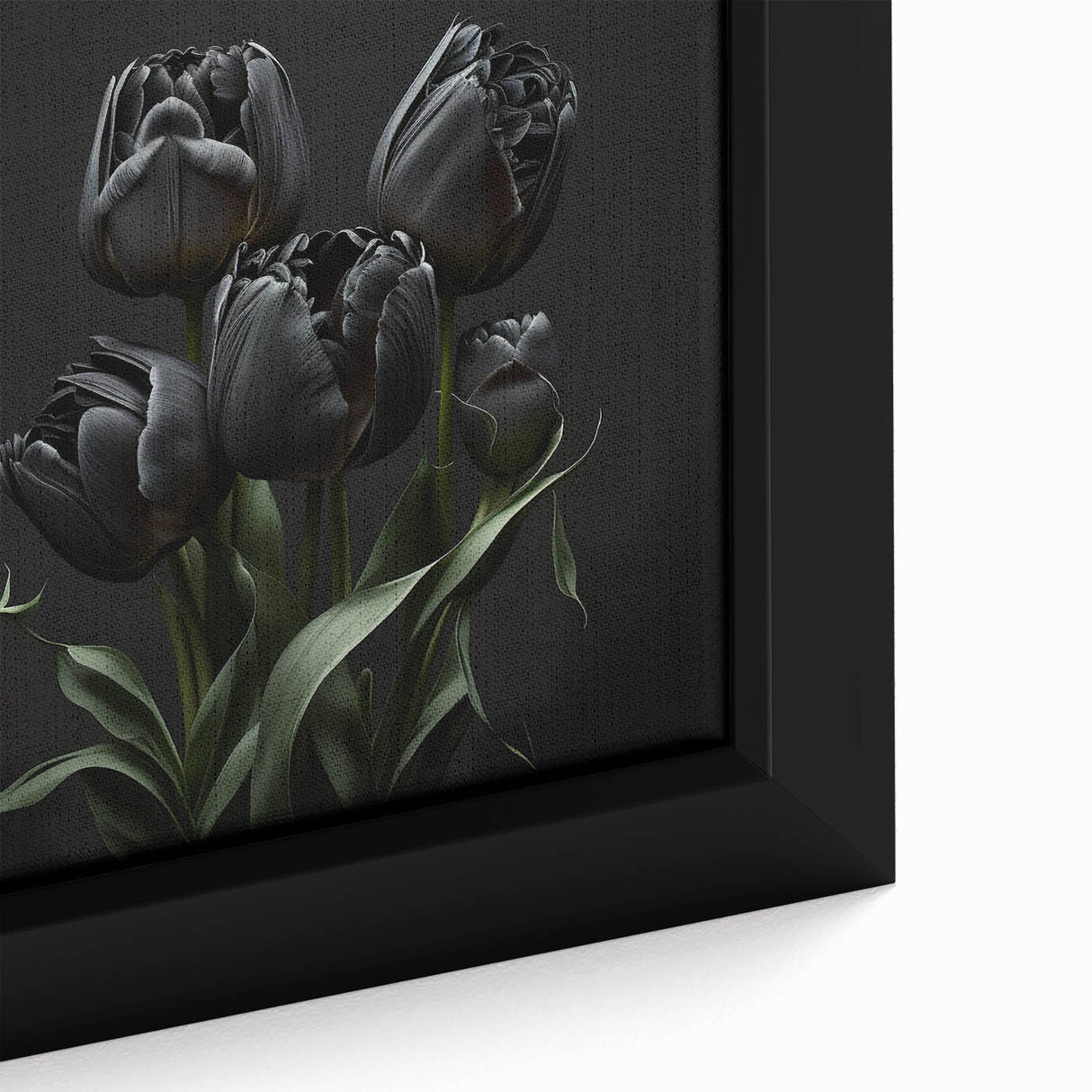 Close-up of a vibrant floral canvas wall art featuring a botanical tulip design, framed beautifully to enhance any decor with its elegant colors and intricate details. Perfect for adding a touch of nature to living spaces.