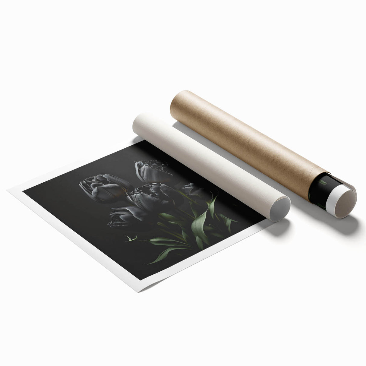 Botanical wall art print showcasing vibrant tulip designs in a colorful array, rolled and ready for framing, perfect for home decor enthusiasts.