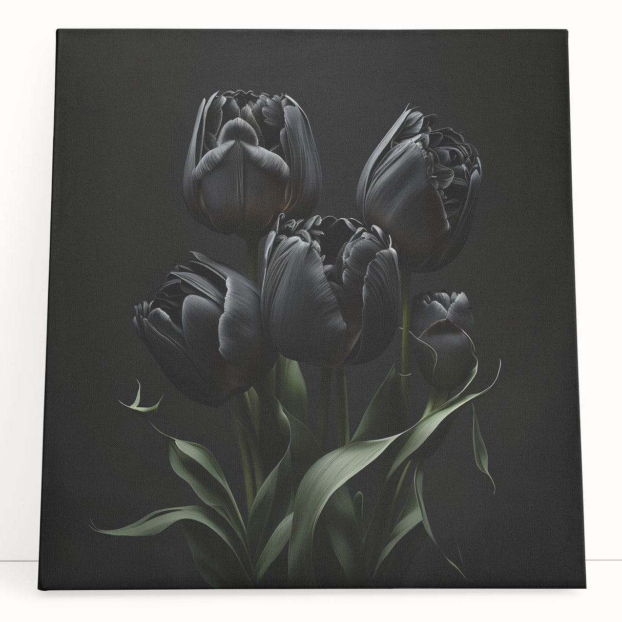 Stretched canvas wall art featuring a vibrant botanical tulip design, showcasing rich colors and intricate floral details, perfect for home decor or gifting.