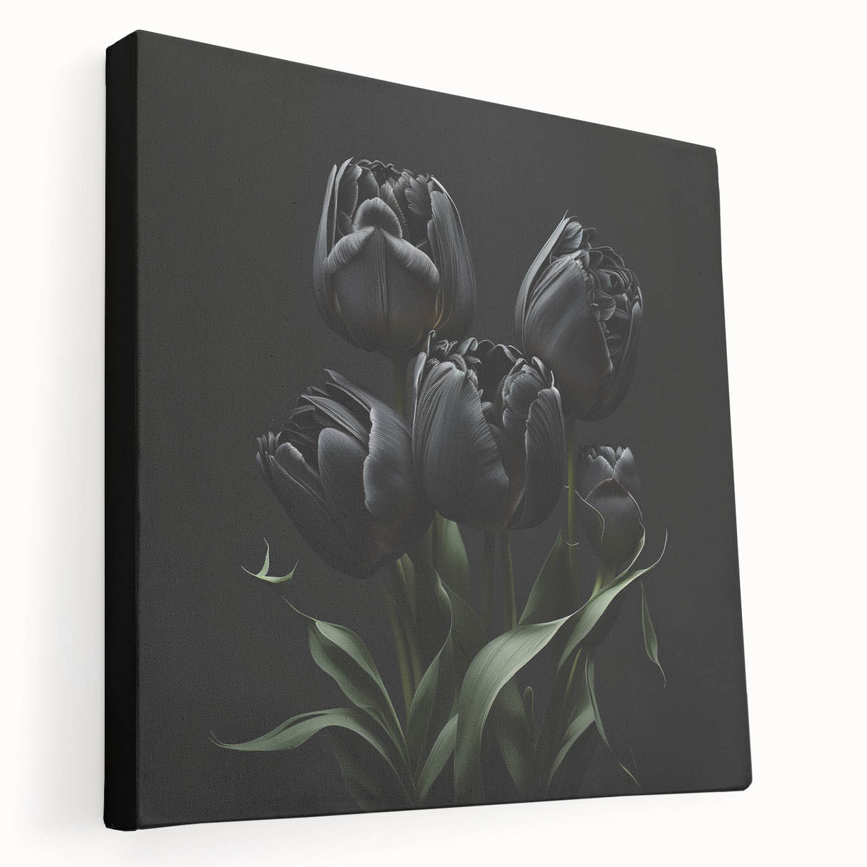 Stretched canvas wall art showcasing a vibrant botanical tulip design in rich colors, highlighting the intricate details and textures, ideal for home decor.