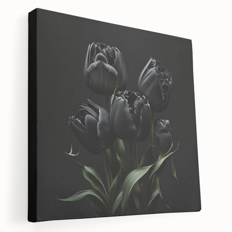 Stretched canvas wall art showcasing a vibrant botanical tulip design in rich colors, highlighting the intricate details and textures, ideal for home decor.