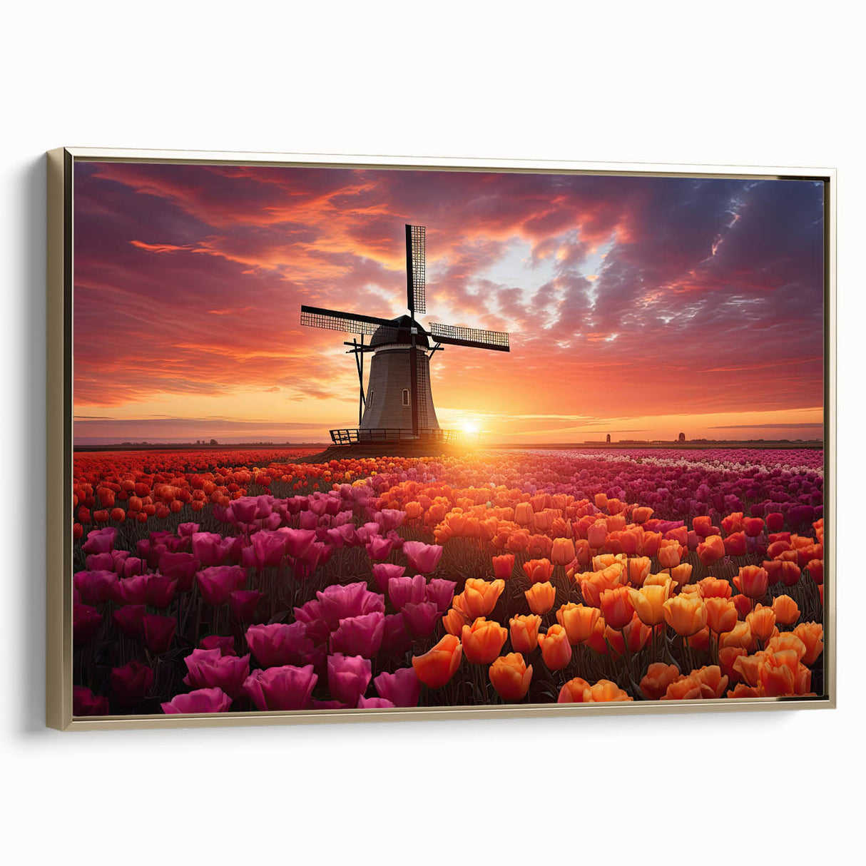 Framed botanical wall art showcasing a vibrant tulip design on canvas, featuring a gold frame that adds elegance, perfect for enhancing home decor.
