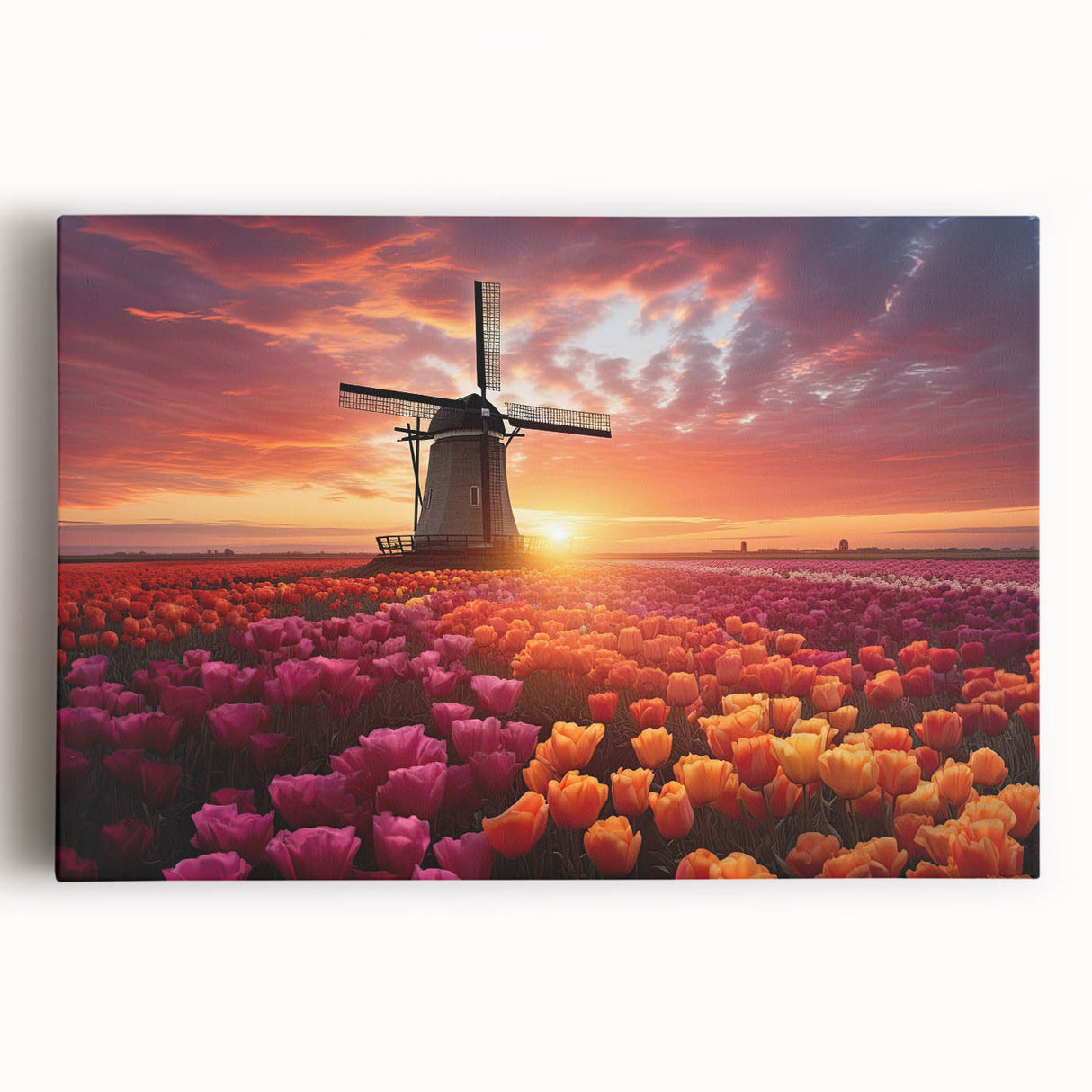 Colorful botanical tulip design on stretched canvas wall art, showcasing vibrant flowers against a white background, perfect for home decor and nature enthusiasts.