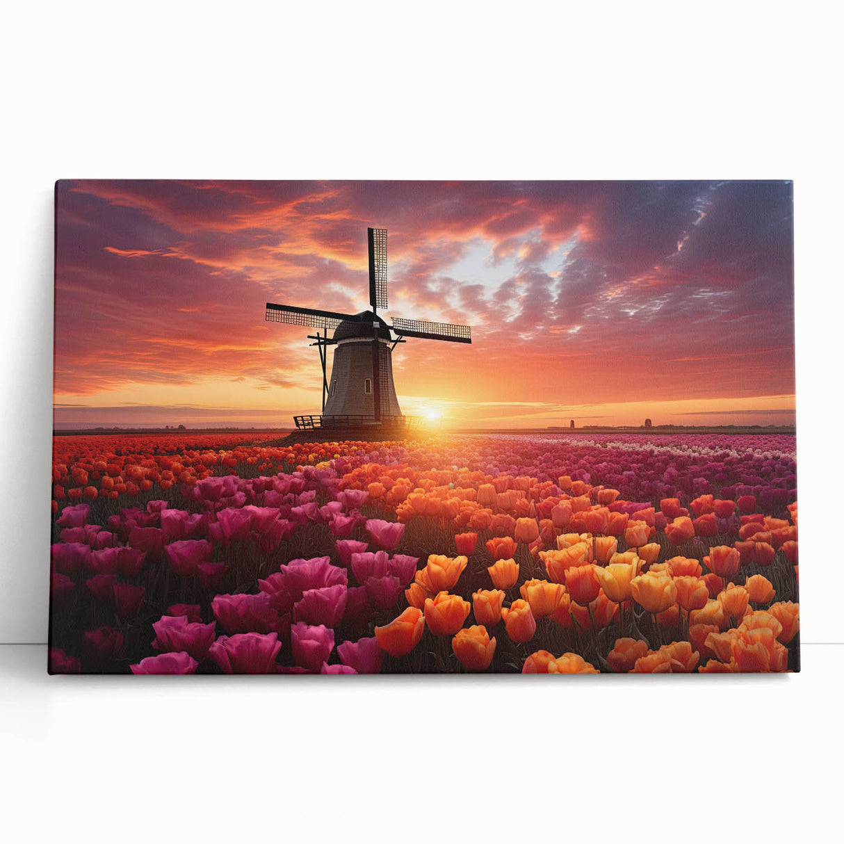 Stretched canvas wall art showcasing a vibrant botanical tulip design, with rich colors and intricate details, perfect for home decor in any setting.