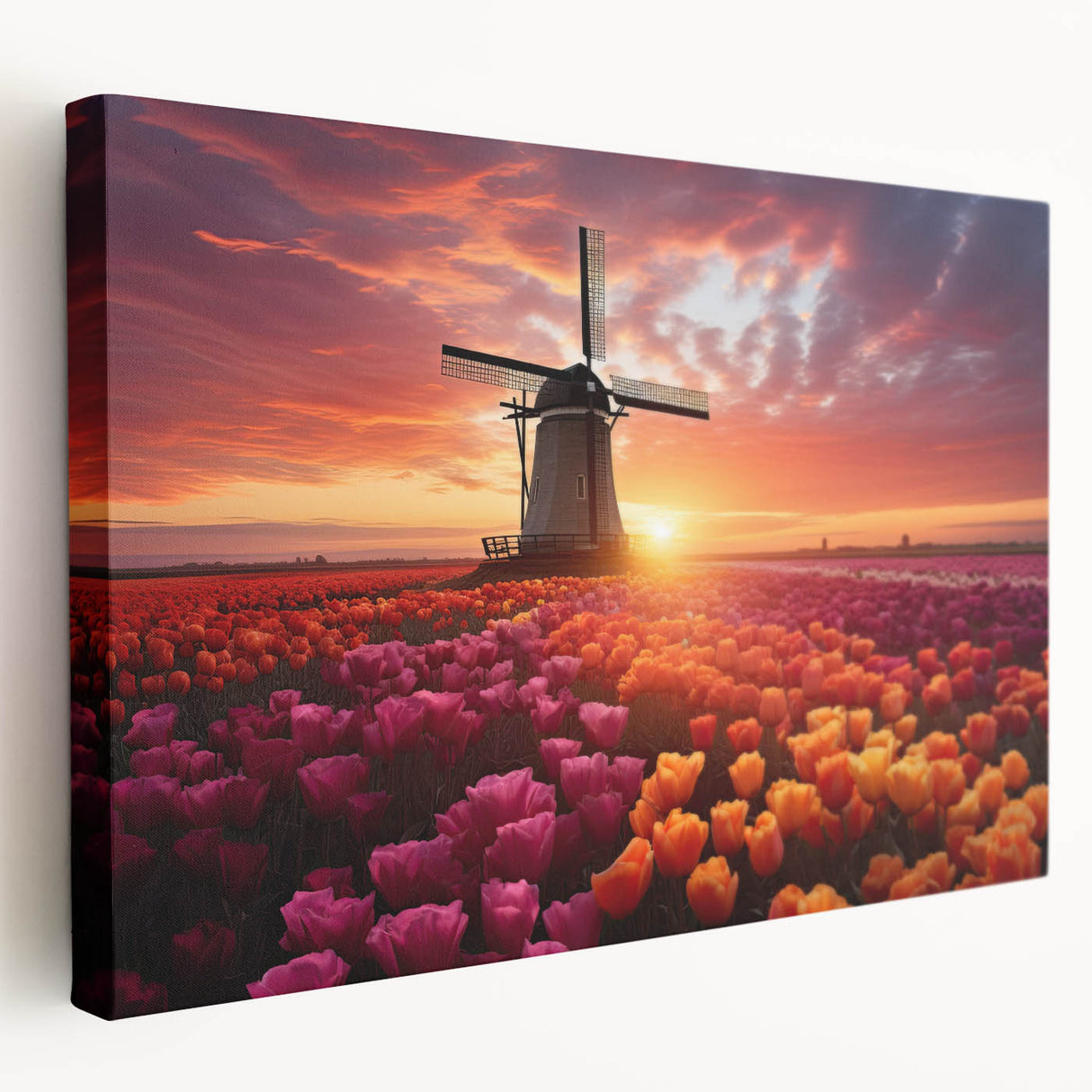 Stretched canvas wall art showcasing a vibrant botanical tulip design in vivid colors, displayed from a side view to highlight its texture and depth. Ideal for enhancing home decor with floral elegance.