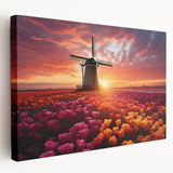Stretched canvas wall art showcasing a vibrant botanical tulip design in vivid colors, displayed from a side view to highlight its texture and depth. Ideal for enhancing home decor with floral elegance.