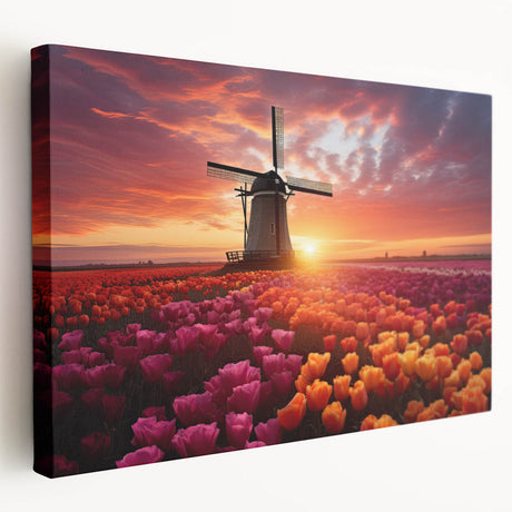 Stretched canvas wall art showcasing a vibrant botanical tulip design in vivid colors, displayed from a side view to highlight its texture and depth. Ideal for enhancing home decor with floral elegance.