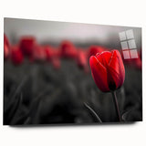 Side view of a botanical tulip wall art piece encased in acrylic glass, showcasing vibrant colors and intricate floral details, perfect for home decor.