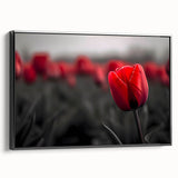 Framed canvas wall art showcasing an elegant botanical tulip design in vibrant colors, featuring a sleek black frame and side view for stylish home decor.