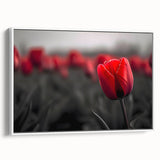 Framed canvas wall art showcasing a botanical tulip design in soft pastel colors, displayed at a white side view, ideal for enhancing modern home decor.