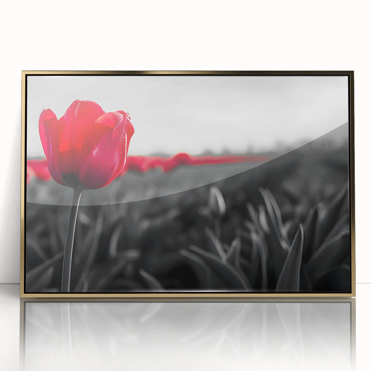 Framed botanical wall art featuring a vibrant tulip design with gold accents. The piece showcases intricate floral details on a textured background, perfect for home decor.