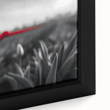 Close-up of a framed canvas wall art piece showcasing a botanical tulip design with vibrant colors and intricate details, ideal for home decor enhancement.
