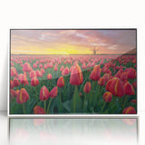 Framed wall art featuring a botanical tulip design in vibrant colors, displayed with a sleek white frame, ideal for modern home decor or floral enthusiasts.