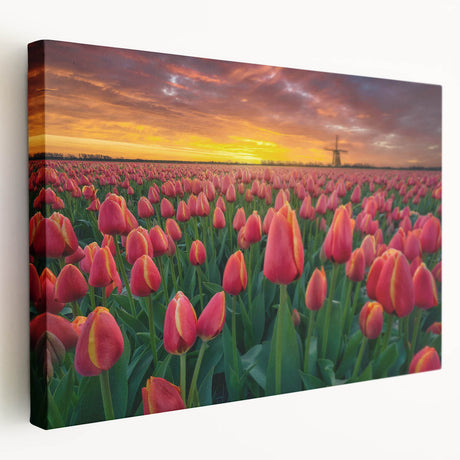 Stretched canvas wall art showcasing a vibrant botanical tulip design, highlighting the intricate details and rich colors, perfect for home decor enhancement.