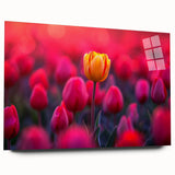 Vibrant botanical tulip wall art design displayed in acrylic glass, showcasing a side view without pins, perfect for home decor and floral enthusiasts.