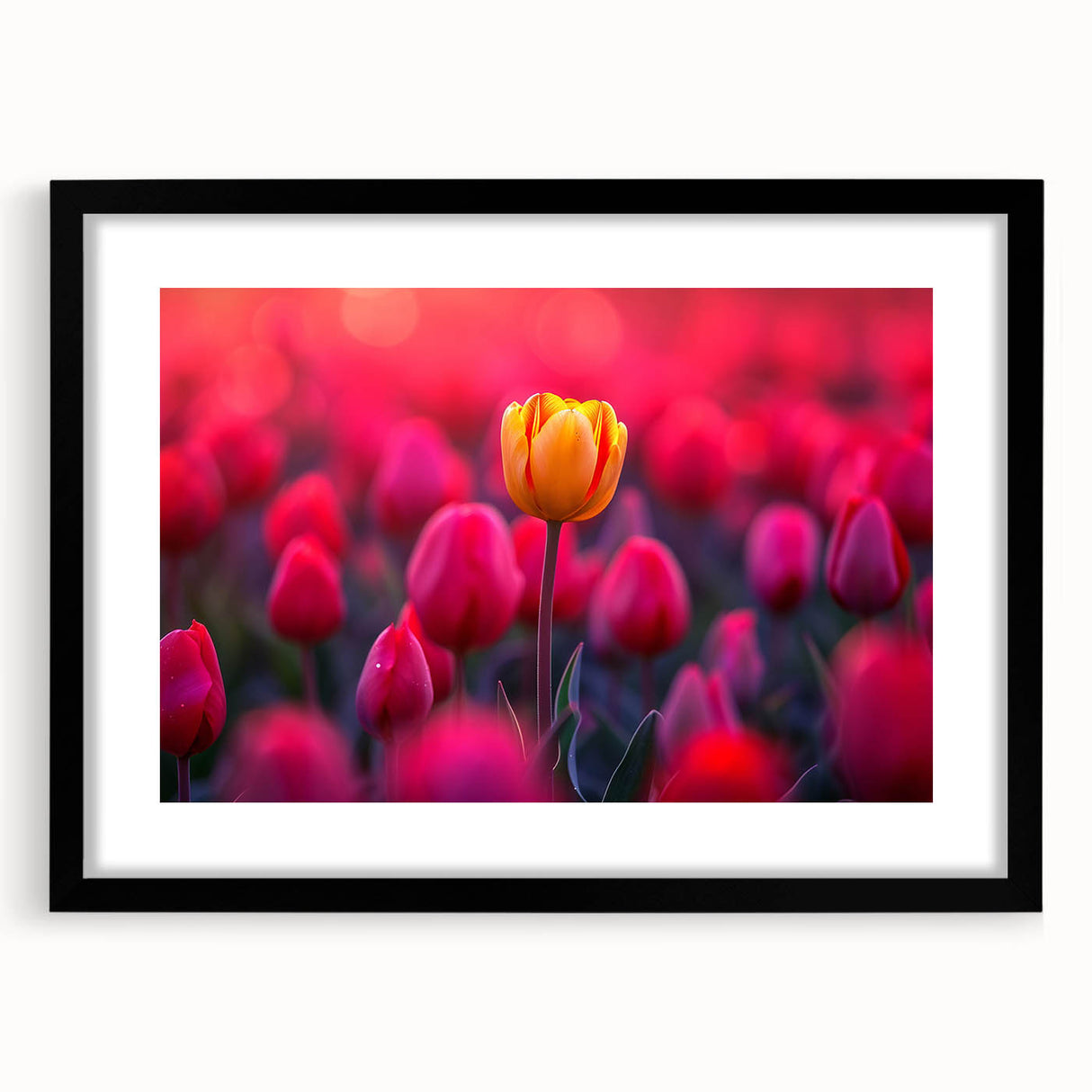 Framed botanical wall art featuring a vibrant tulip design with a black mat, showcasing elegance and color, perfect for home decor enhancement.
