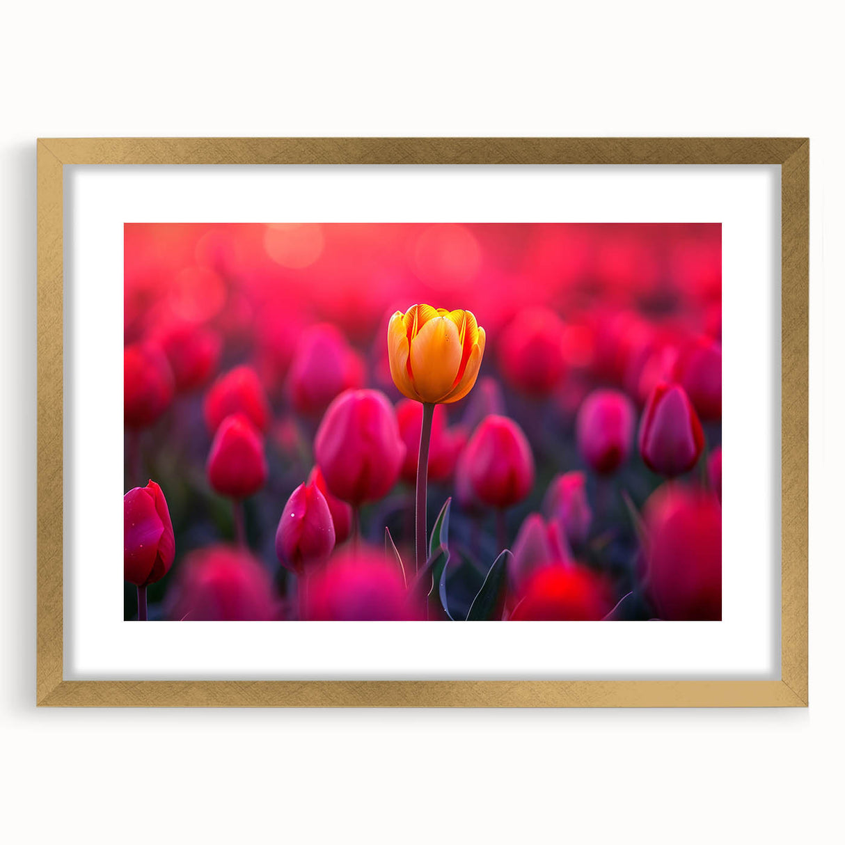 Botanical tulip wall art collection featuring a gold frame with mat, showcasing vibrant floral designs in a modern setting, perfect for home decor.