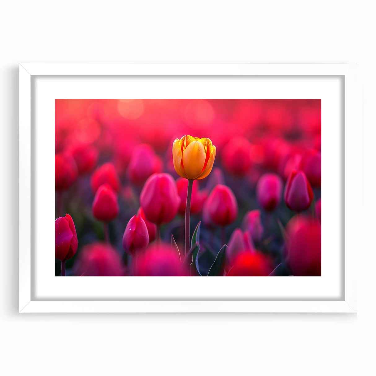 Botanical wall art featuring a vibrant tulip design in a white frame with a mat, elegantly displayed from the front, perfect for home decor and floral enthusiasts.