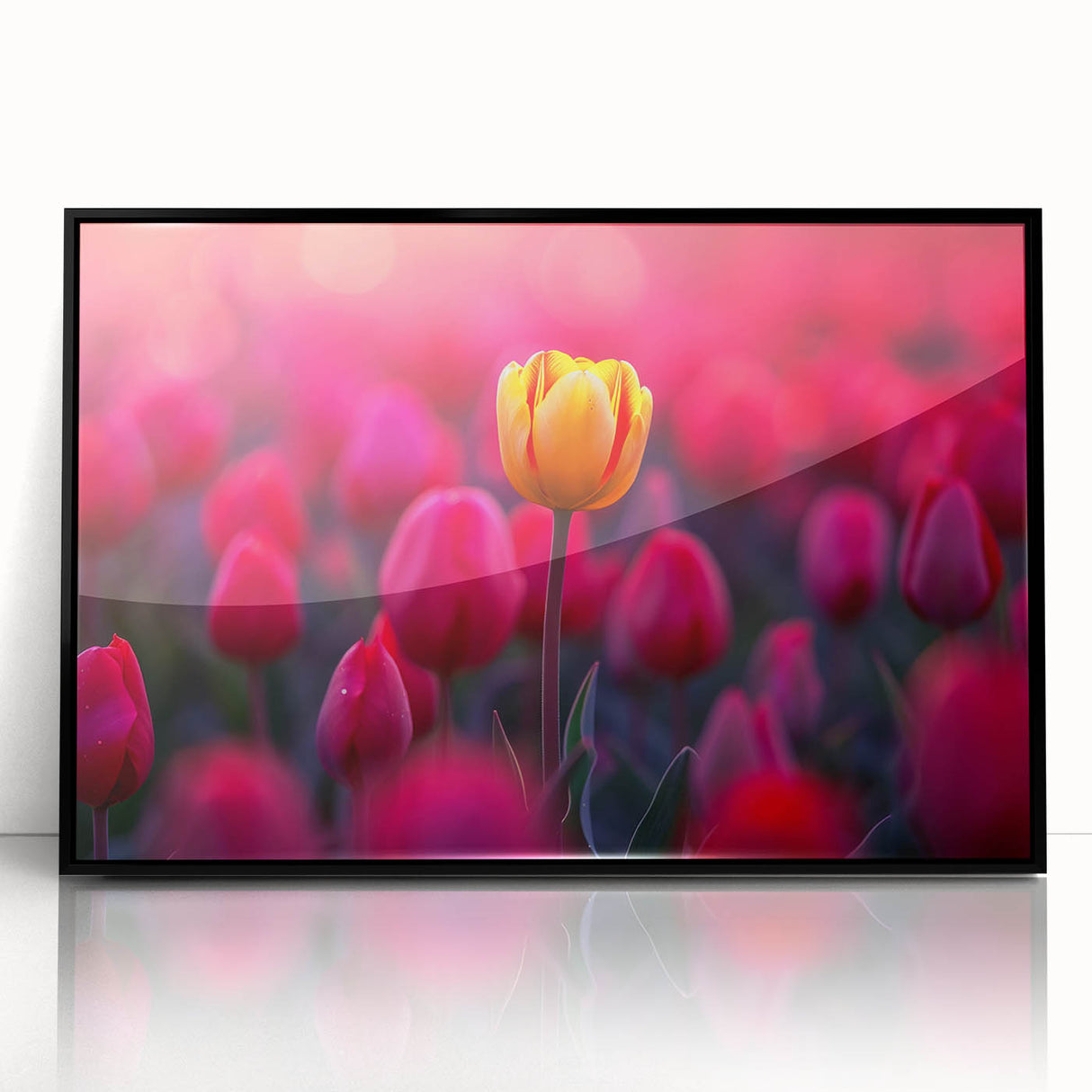 Framed botanical wall art featuring a vibrant tulip design with a black frame, showcasing intricate floral details and vivid colors, perfect for home decor.