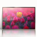 Framed wall art showcasing a botanical tulip design with vibrant colors and a sleek silver frame, perfect for enhancing modern home décor and floral-themed interiors.