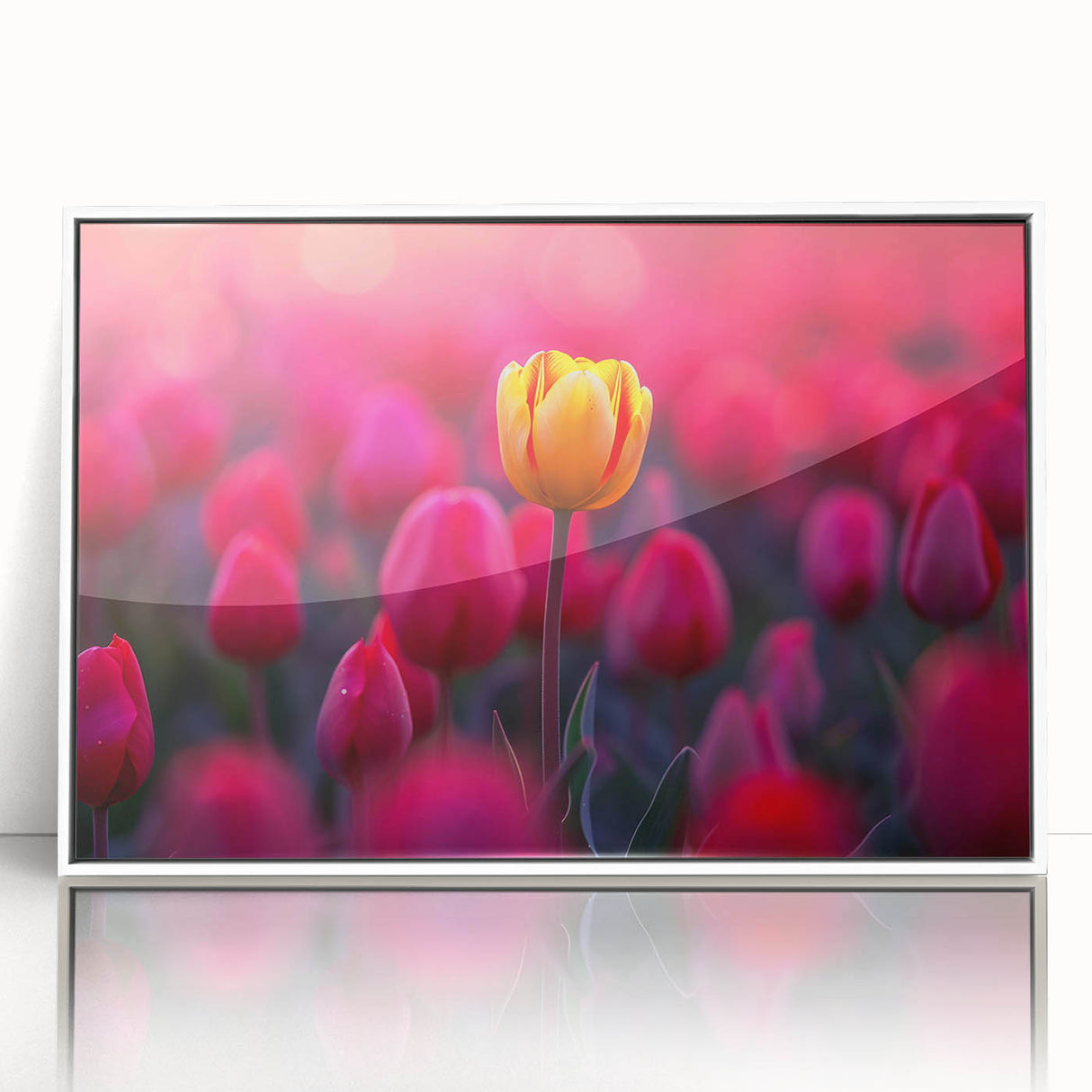 Framed botanical wall art featuring a vibrant tulip design in rich colors, set against a crisp white background, perfect for enhancing home decor.