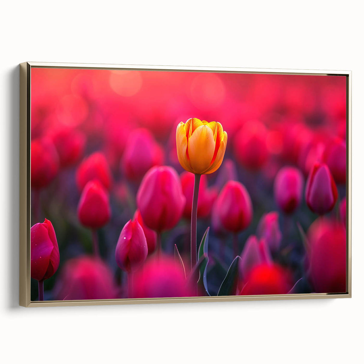 Framed botanical wall art featuring a vibrant tulip design in shades of pink and yellow, set against a gold frame, showcasing a side view that highlights its elegant craftsmanship. Perfect for enhancing home decor with a touch of floral beauty.