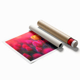 Botanical wall art print showcasing a vibrant tulip design in vivid colors, rolled for easy framing and display, ideal for enhancing home decor aesthetics.