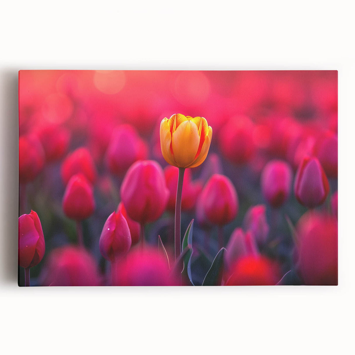 Stretched canvas wall art showcasing an elegant botanical tulip design in vibrant colors, perfect for enhancing home decor and creating a calming atmosphere.