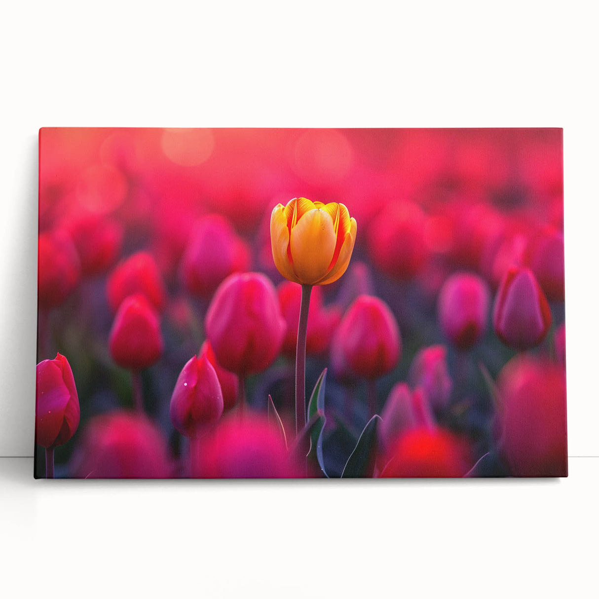Stretched canvas wall art showcasing a vibrant botanical tulip design with rich colors, perfect for home decor, leaning against a neutral wall for a modern aesthetic.