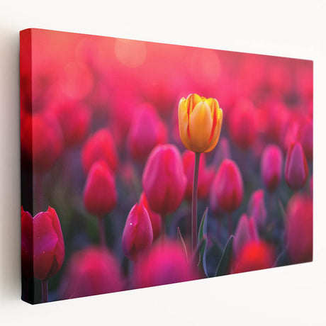 Stretched canvas wall art showcasing a vibrant botanical tulip design in rich colors, ideal for home decor. Side view highlights its elegant framing.