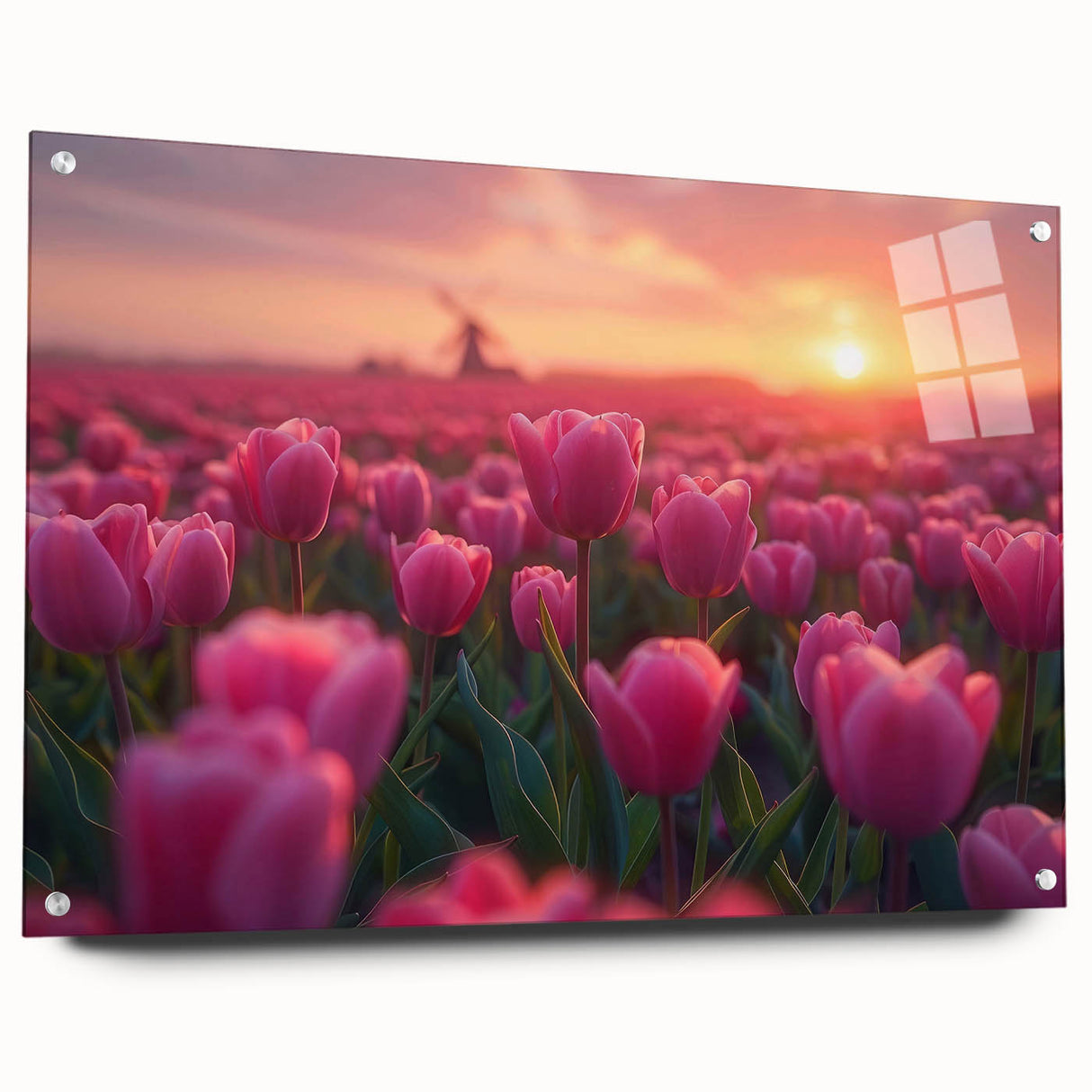 Acrylic glass wall art collection showcasing a vibrant botanical tulip design, emphasizing intricate details and colors, displayed with pins for a modern touch.