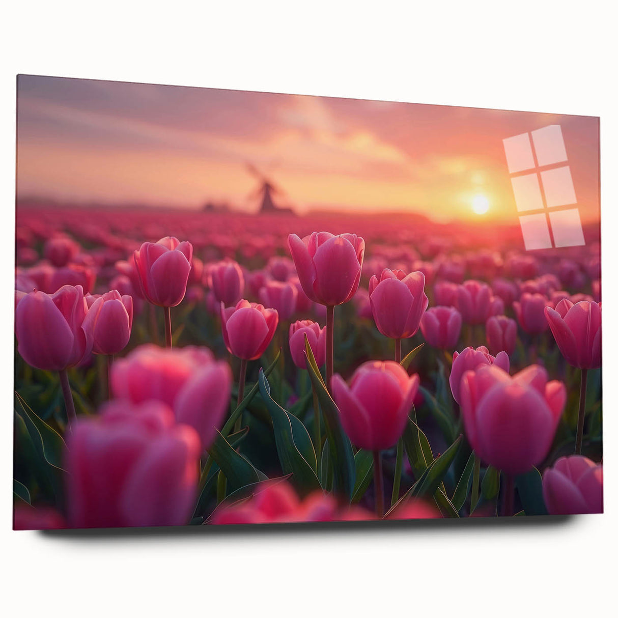 Acrylic glass wall art showcasing a vibrant botanical tulip design, elegantly displayed from a side view, perfect for enhancing home decor with floral elegance.