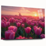 Acrylic glass wall art showcasing a vibrant botanical tulip design, elegantly displayed from a side view, perfect for enhancing home decor with floral elegance.