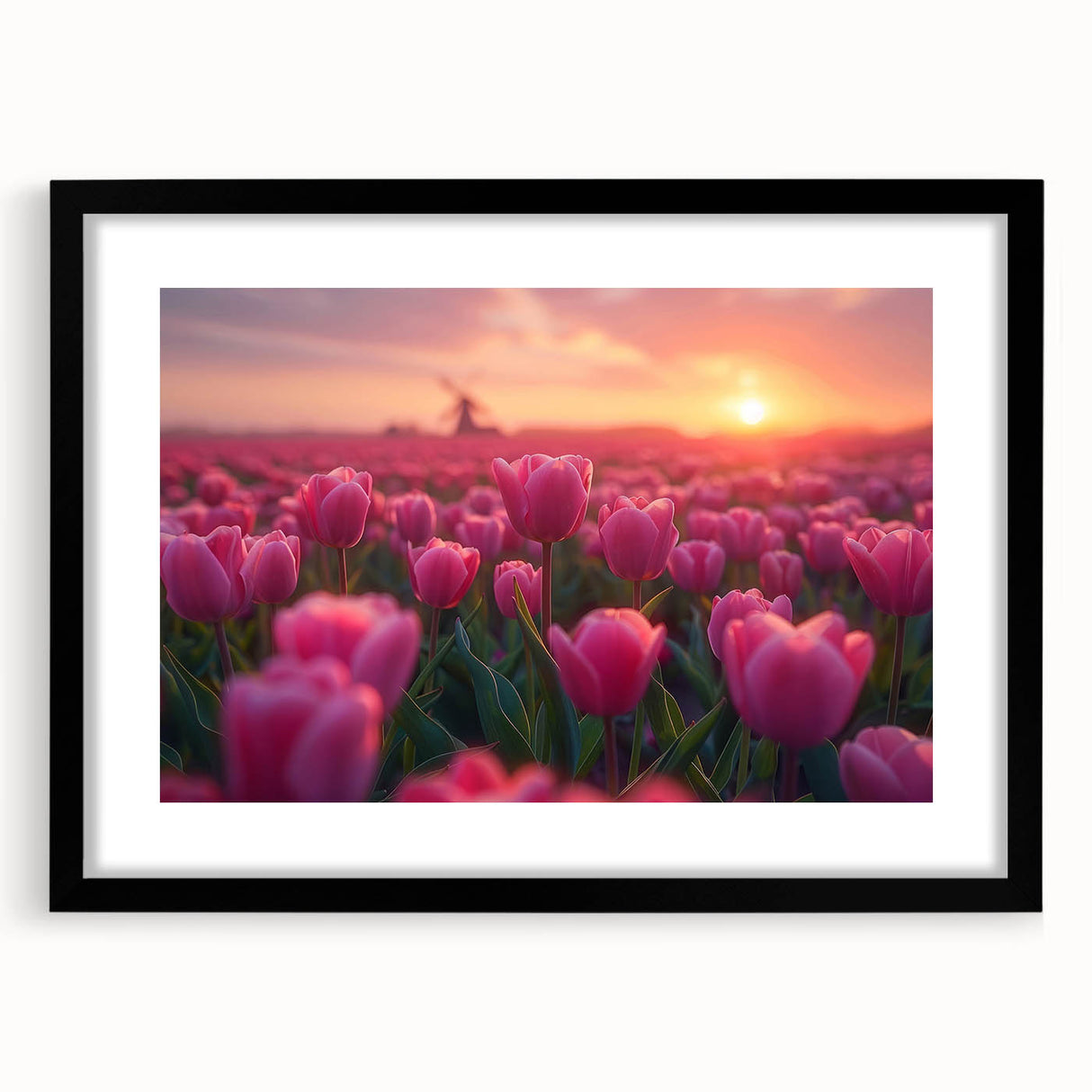Framed botanical wall art featuring vibrant tulip designs in a sleek black frame, showcasing colorful flowers against a white background, perfect for home decor.