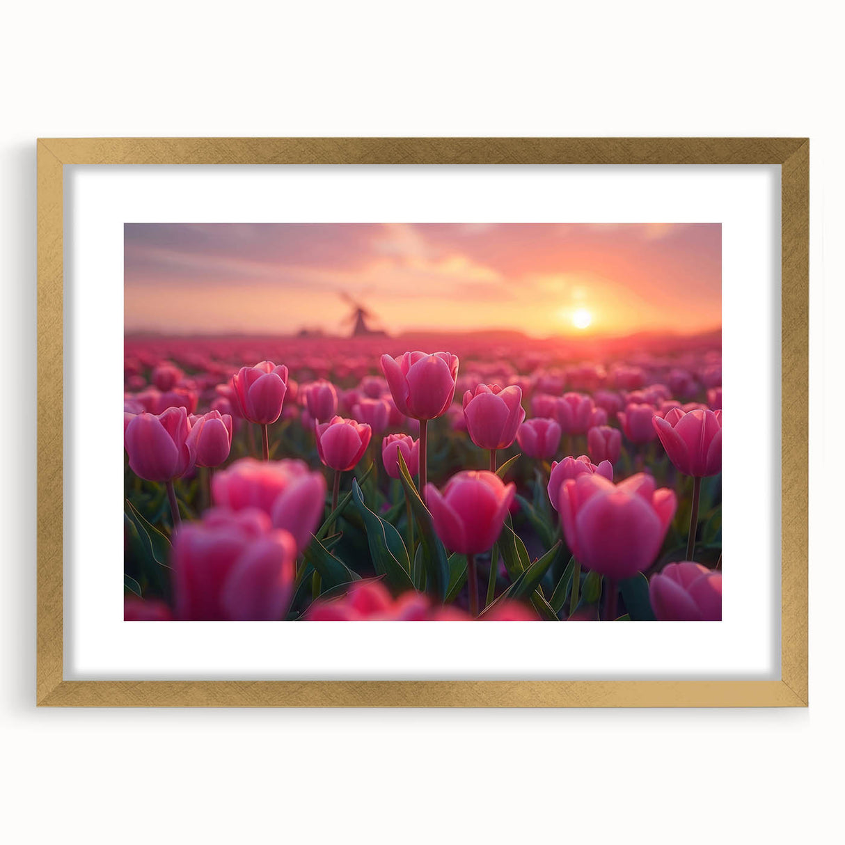 Elegant botanical wall art featuring a gold-framed tulip design, showcasing vibrant colors and intricate details, ideal for enhancing home decor aesthetics.