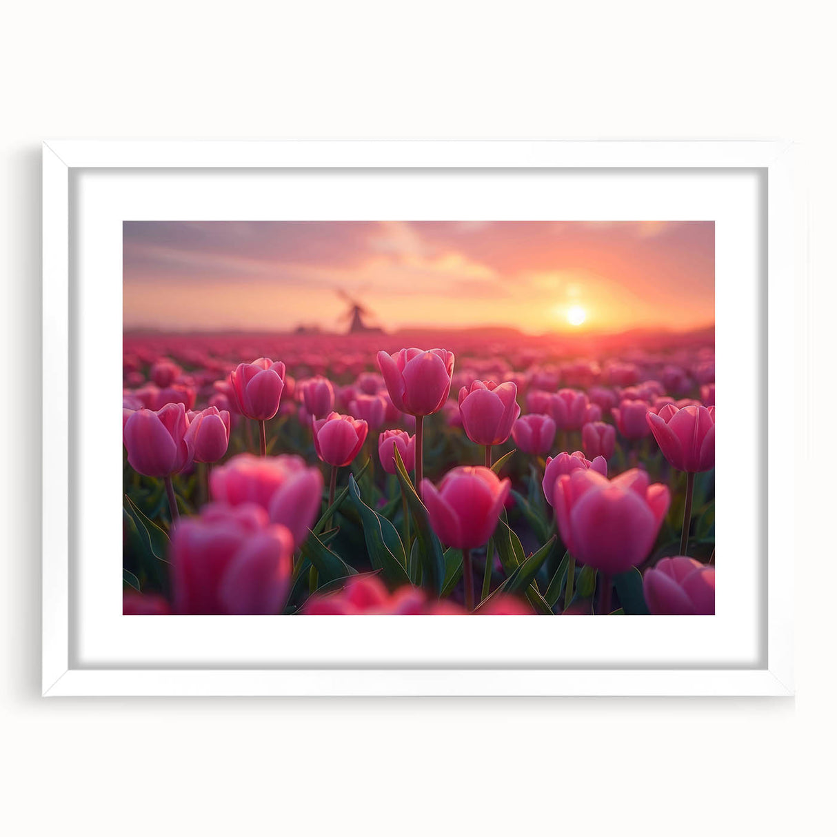 Framed botanical wall art featuring a beautiful tulip design in vibrant colors, set against a white mat, perfect for enhancing home decor with floral elegance.