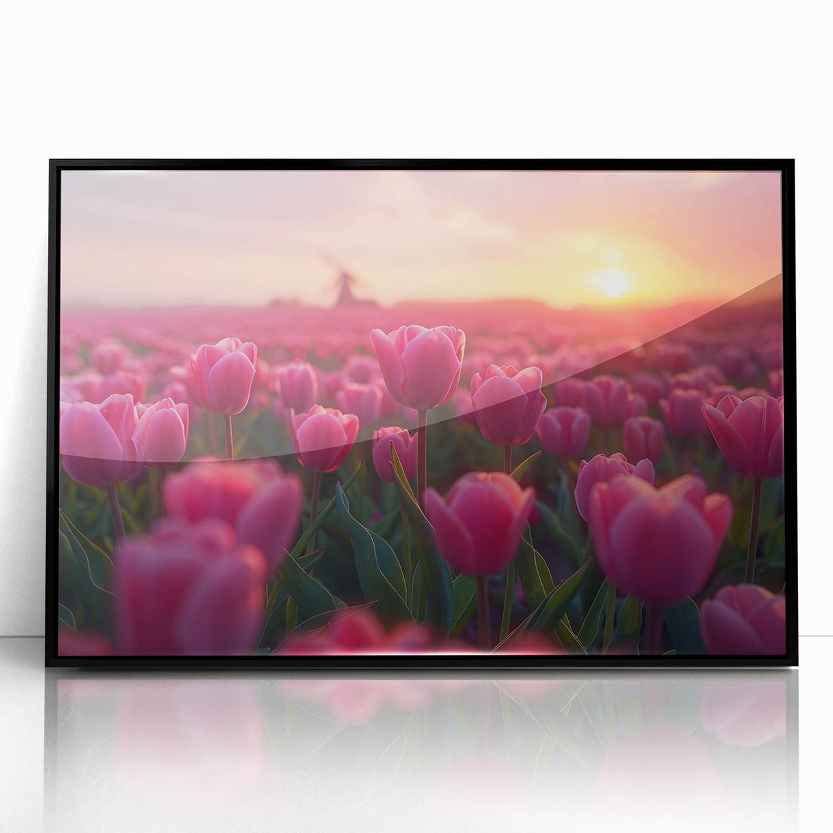 Framed acrylic wall art featuring a botanical design of vibrant tulips in a sleek black frame, ideal for home decor and floral enthusiasts.