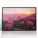 Framed acrylic wall art featuring a botanical design of vibrant tulips in a sleek black frame, ideal for home decor and floral enthusiasts.