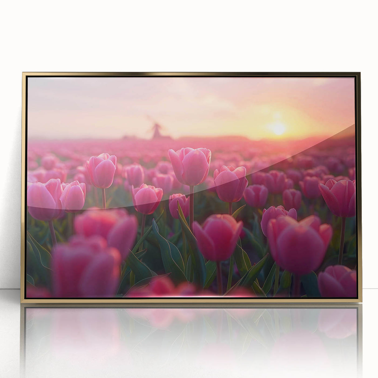 Framed wall art showcasing a vibrant botanical design of tulips in a gold-accented frame, perfect for enhancing home decor with a touch of elegance.
