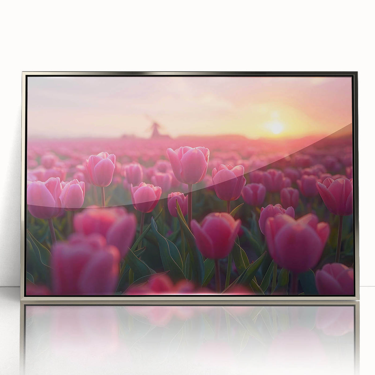 Framed wall art featuring a botanical tulip design in vibrant colors, set in a silver-accented frame, showcasing elegant floral details ideal for home decor.